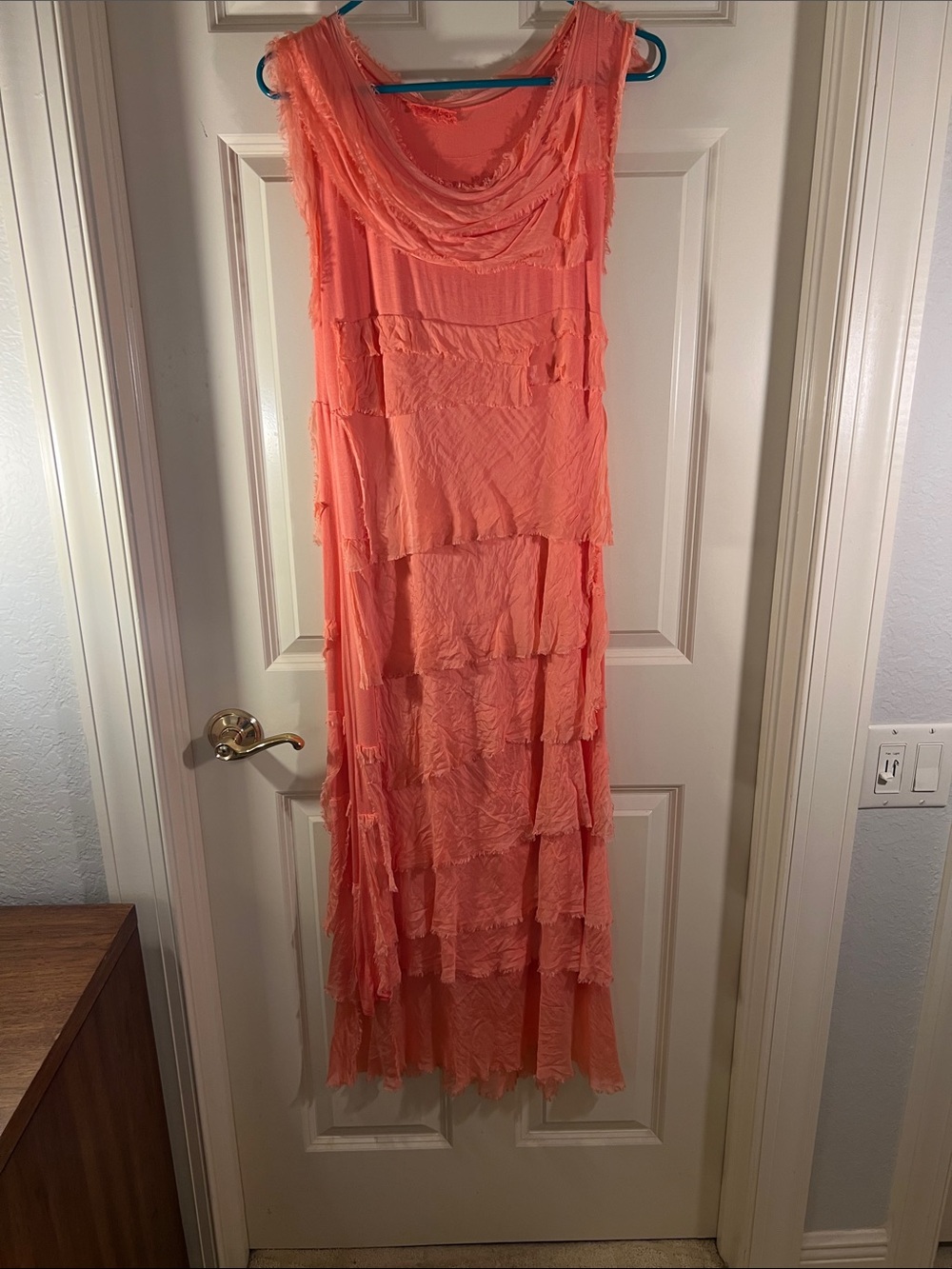 Tiered Coral Maxi Dress with Soft Ruffle Detail